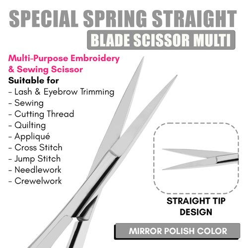 Cross Edge Spring Scissors 5 Inch straight Stainless Steel Precision Eyebrow & Eyelash Shaping & Trimming Scissor, Snips Squeeze Scissors, Embroidery, Knitting Micro Tip Craft Scissors (Silver)