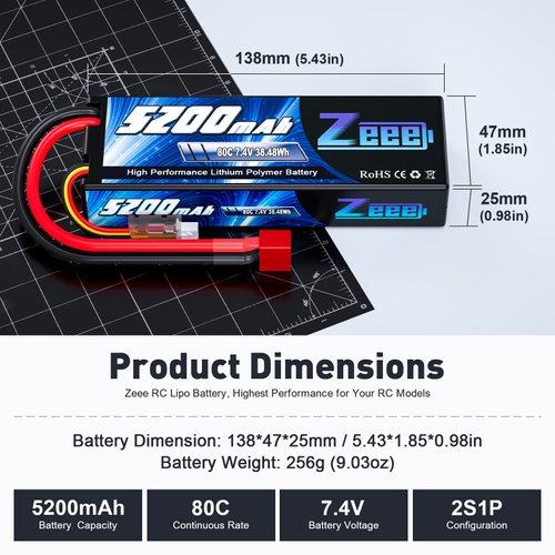 Zeee 2S Lipo Battery 5200mAh 7.4V 80C RC Hard Case Deans Plug for 1/8 1/10 RC Vehicles RC Car RC Truck Tank RC Buggy Truggy RC Airplane Racing Vehicles