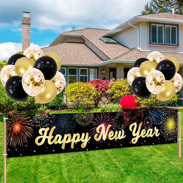 Happy New Year Banner 2024,New Years Eve Party Supplies New Year Decorations Banner Balloons for New Year's Backdrop Outdoor Yard Garden Decoration Supplies 118 x 19.6 Inch