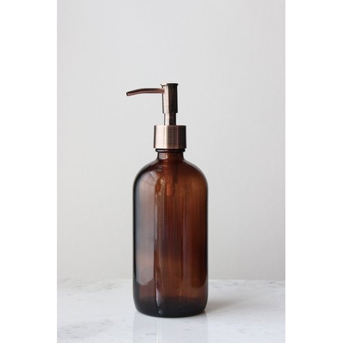 Rail19 Market Amber Glass Soap Dispenser with Metal Pump - Liquid Hand Soap & Lotion for Kitchen and Bathroom, 16oz (Copper Rustic)