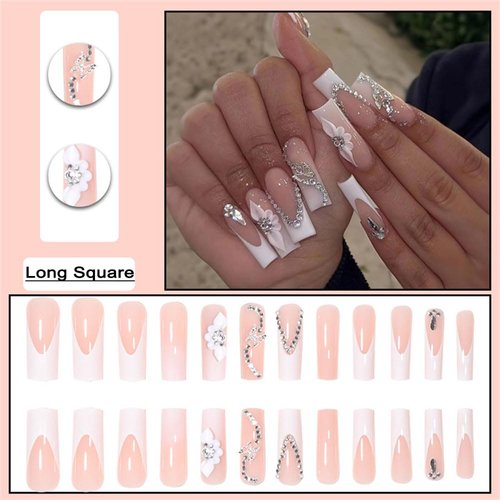 DOCVOEOMH Long Press on Nails Square French White Rhinestones Acrylic Fake Nails with 3D Alloy Butterfly Design Glue on Full Cover Artificial Gel False Stick on Nail for Girls Women Wedding 24Pcs