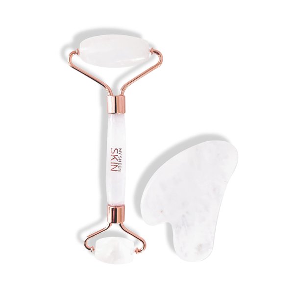 MY SHEEN SKIN Cristy Premium Face Roller & Gua Sha Set, Jade Roller Beauty Massage Tool, for Face, Neck and Body Muscle Relaxing, Relieve Fine Lines and Wrinkles Crystal Clear Quartz (White)