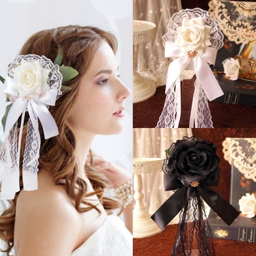 Lace Rose Flower Ball Hairpin Hair Accessories Bow Ribbon Elegant Hair Clip Handmade Hair Bride Birthday Women Girl Cosplay Decoration（Black White)