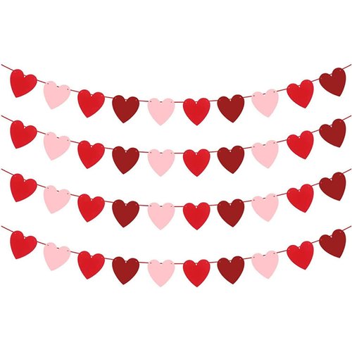 Heart Felt Garland Banner for Valentines Day Decor - NO DIY - Red, Rose Red, Pink Heart Felt Garland for Indoor Outdoor Valentines/Anniversary/Wedding/Birthday Party Supplies