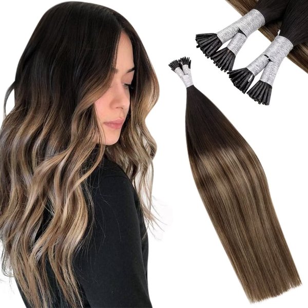 LaaVoo Itip Hair Extensions Human Hair 14inch I Tips Human Hair Extensions Off Black Ombre Brown Remy Hair Extensions Human Hair for Short Hair Stick Tip 0.8g/s 40g