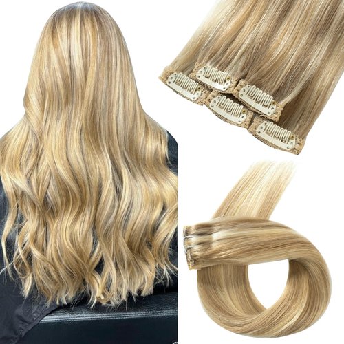 FUBILI Blonde Real Human Hair Extensions Light Blonde Highlighted Golden Blonde Remy Human Hair 16inch for Women Easy to Clip in Hair Extensions 30g 5 pcs