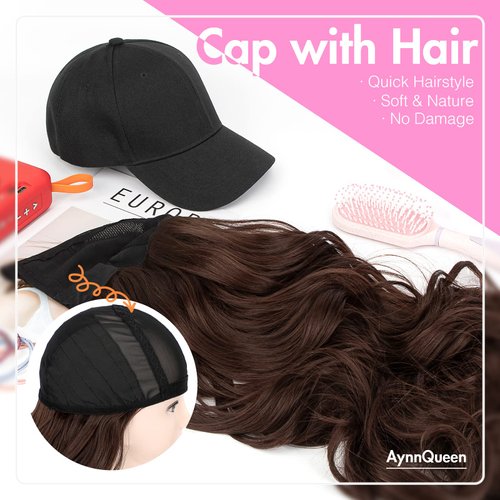 AynnQueen Baseball Cap with Detachable Hair Extensions for Women 21 inch Long Wavy Synthetic Hair with Adjustable Hat Wig Attached Black Baseball Cap (Bleach Blonde)