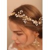 Jumwrit Wedding Headband Earrings Set Handmade Rhinestone Crystal Headpiece Flower Leaves Hair Band Dangle Earrings Bridal Hair Accessories for Women Girls Bride Bridesmaid（Gold）