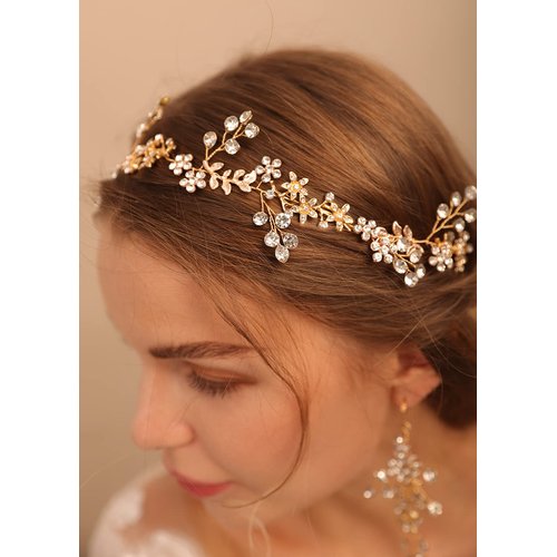 Jumwrit Wedding Headband Earrings Set Handmade Rhinestone Crystal Headpiece Flower Leaves Hair Band Dangle Earrings Bridal Hair Accessories for Women Girls Bride Bridesmaid（Gold）