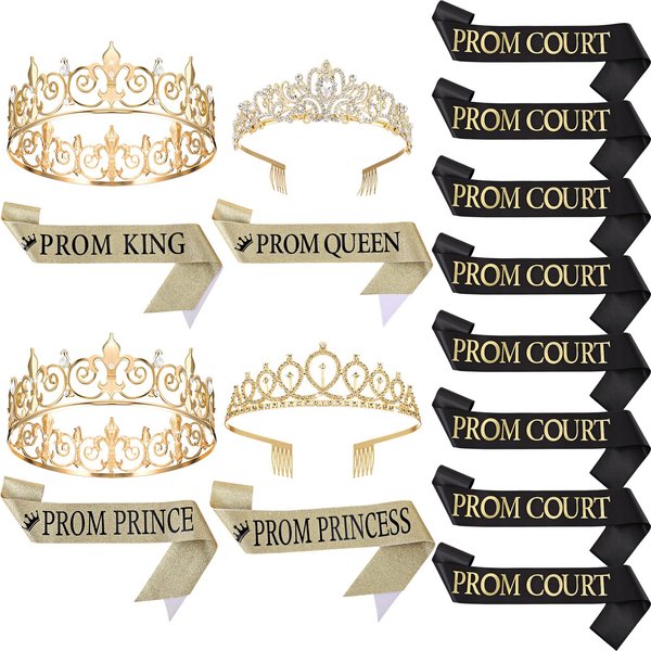 Saintrygo 16 Pcs Prom King Prom Queen 80s Prom Court Sash Prom Prince Princess Decor Crowns Tiara Party Favors Cosplay Grad (Elegance Styles)