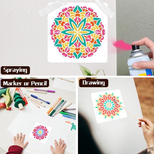 Mandala Stencils for Painting on Wood, 9pc 6 Inch Plastic Reusable Stencils for Crafts, Rangoli & Home Decorating
