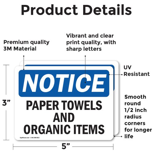(2 Pack) Paper Towels And Organic Items OSHA Notice Sign 5 Inch X 3.5 Inch Vinyl Label Decal Sticker Weather Resistant, UV Protected for Workplace, Business, and Construction Site, Made in the USA
