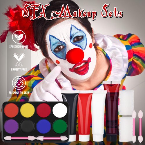 Halloween Family Makeup Kits, 8 Colors Face Paint Palette, Black White Red Liquid Face Paint Tube, Liquid Fake Blood, For Halloween Costume Makeup, Wounds, Injuries Blood