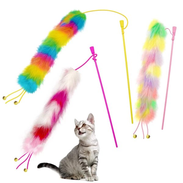 Lepawit 3 Pack Cat Wand Toy, Rainbow Cat Feather Toys with Bells, Cat Teaser Wand with Soft Furry Tail, Interactive Cat Toys for Indoor Cats & Kitten & Kitty