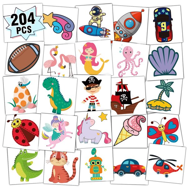 Partywind Kids Temporary Tattoos, 204 PCS Fake Tattoo Stickers for Kids Party Supplies Favors Decorations, Surprise Birthday Gifts Goodie Bag Stuffers (Individually Wrapped)