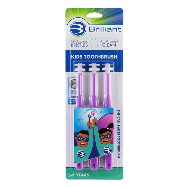 Brilliant Oral Care Kids Toothbrush with Soft Bristles and Round Head, for a Child Approved, Easy to Use All-Around Clean Mouth, Ages 5-9 Years, Purple, 3 Pack