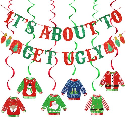 Red and Green Its About To Get Ugly Banner and Ugly Sweater Hanging Swirls Ugly Christmas Sweater Party Banner for Ugly Sweater Party Decorations, Ugly Christmas Party Supplies