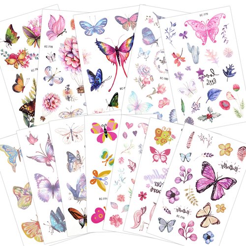 Konsait Kids Tattoos Butterfly Temporary Tattoos Sticker for Girls Children's Birthday Party Bag Filler Gift Idea Party Favors, 154 Pcs Kids Unicorn Butterfly Flower Girls Tattoos