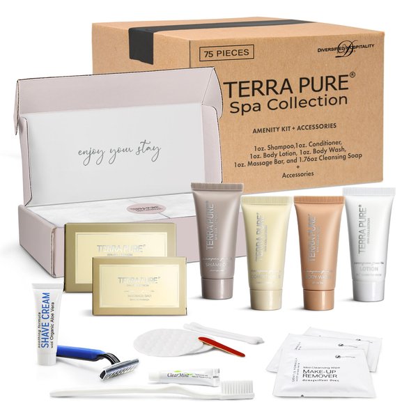 Terra Pure Spa Collection Amenity & Accessory Kit |1 oz Travel Size Shampoo, Conditioner, Lotion, Body Wash, 2 Soap Bars, Shave & Dental Sets, Make-Up Remover Wipes, & Vanity Kit | 15 sets/case