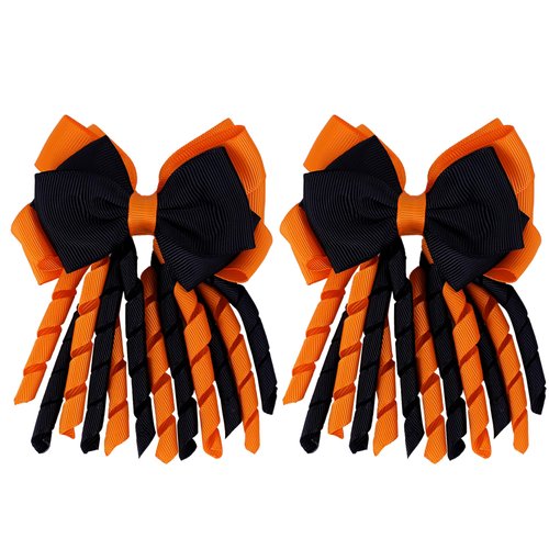 Halloween Hair Clips for Girls, IKOLA Curly Ribbon 3-Layer Hair Bows Handmade Hair Bow Clips Halloween Hair Accessories for Kids Trick or Treat Gift Costume Party Decor, Orange & Black