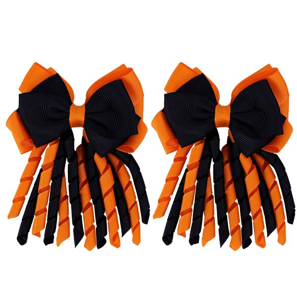Halloween Hair Clips for Girls, IKOLA Curly Ribbon 3-Layer Hair Bows Handmade Hair Bow Clips Halloween Hair Accessories for Kids Trick or Treat Gift Costume Party Decor, Orange & Black