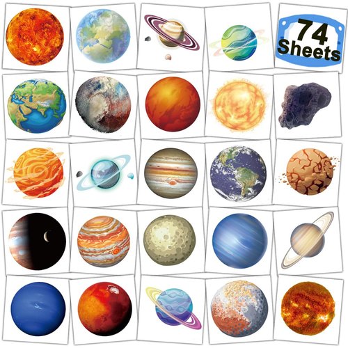 CHARLENT Planets Temporary Tattoos for Kids Party Supplies - 74 Individually Sheets Outer Space Planet Tattoos for Boys Girls Birthday Party Favors Goodie Bag Fillers