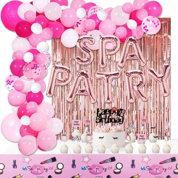Spa Party Decorations Make Up Cake Cupcake Topper Balloons Arch Kit Pink Tablecloth Fringe Curtains for Girls Spa Party/MakeUp/Salon Theme Birthday Party Supplies Decorations