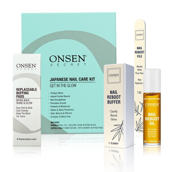 Onsen Secret Japanese Nail File Buffer and Shine Kit - Professional Nail File, 3-Way Nail Buffer Block w/Free Replacement Pads & Nail Strengthening Reboot Oil for Healthy Nails, Nail Reboot Kit, 1pk
