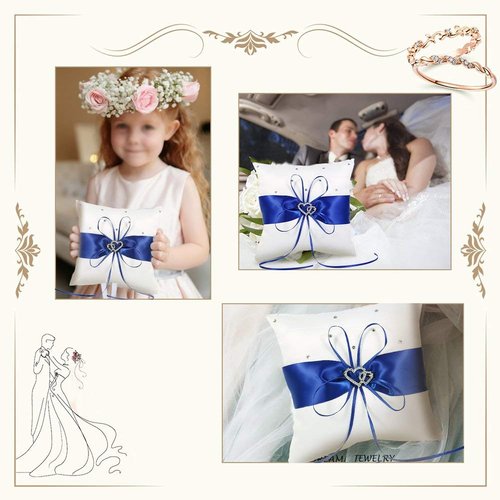 Yosoo 20cm×20cm Bridal Wedding Pocket Ring Pillow Cushion Bearer with Double Hearts Decoration, Blue