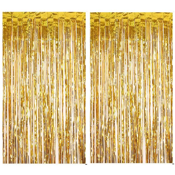 2PCS Party Decoration Backdrop 3.28 * 6.56 Feet Foil Fringe Curtain Tinsel Streamer Photo Backgrounds Hanging Decorations for Baby Shower Gender Reveal Birthday Wedding Themed Party Supplies Gold