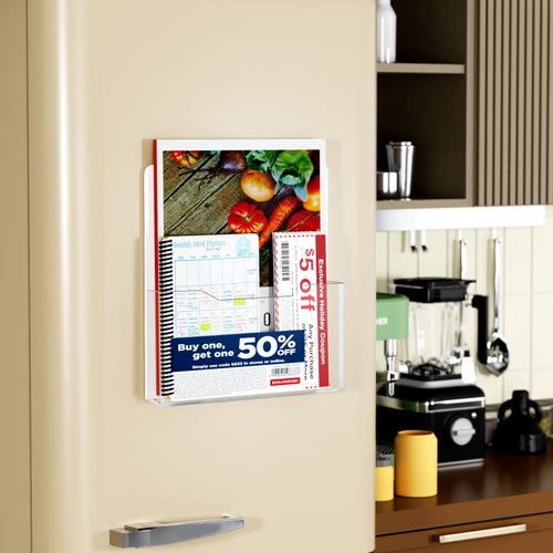 HIIMIEI Magnetic File Holder, 2 Pack Mail Magazines Organizer Wall Mount, Acrylic Hanging Wall File Organizer for Cabinets, Whiteboard, Refrigerator (Clear)