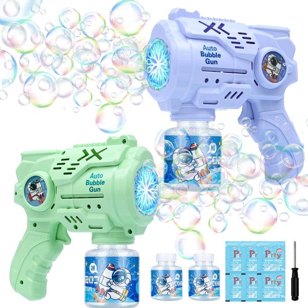 TRILVIX 2-Pack LED 16 Holes Bubble Gun Bubble Machine with Refill Solution Leak-Proof Bubble Blower Toys for Kids Aged 3+ Outdoor Kids Game Party Favor Summer Lawn Swimming Pool Birthday Gift Wedding