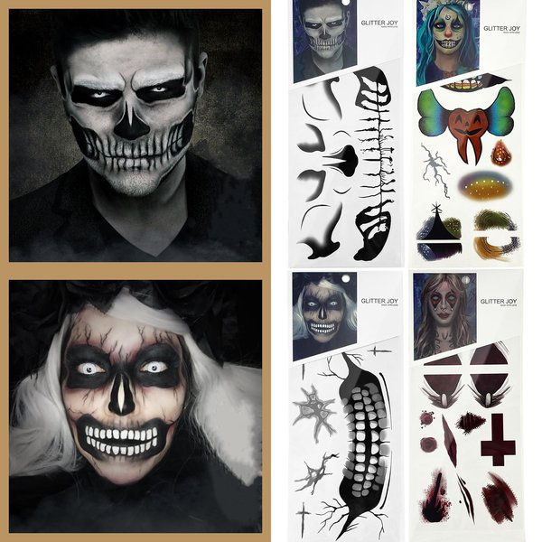 mdgfge 4 Sheets Halloween Scary Face Temporary Tattoos, Witch Zombie Makeup Kit for Women Men Halloween Day of the Dead Cosplay Party Skull Clown Face Stickers Decoration Supplies