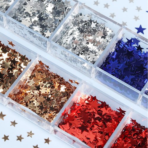 Independence Day Nail Art Glitter Flakes 12 Grids Nail Sequins Star Nail Supplies Mixed Blue Red Sequins Crafts Charms Designs DIY USA Nail Decorations Nail Art Accessories for Women Girl
