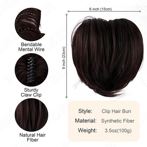 PORSMEER Messy Bun Hair Piece,Claw Clip in Short Straight Ponytail Extension with Bendable Metals Hairpieces for Women DIY Style Natural Looking Synthetic Fake Pony-Dark Brown,8 inch