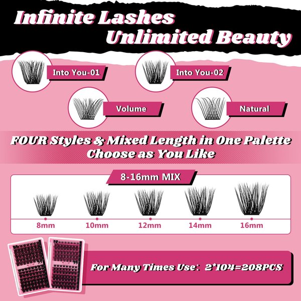 PRO DIY Lash Extension Kit 4 Styles Mixed Lash Extension Kit Lash Clusters Kit with 208 Pcs Cluster Lashes Lash Bond and Seal Lash Remover Eyelash Applicator for Beginner (4 Styles Mix-A)