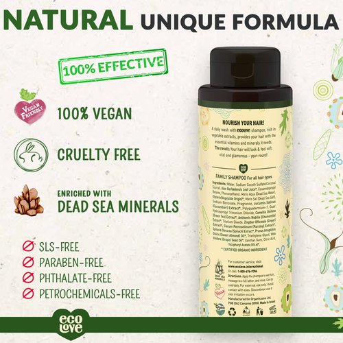 ecoLove - Natural Shampoo for All Hair Types,Sodium lauryl sulfate Free, Vegan & Cruelty Free Shampoo, Organic Cucumber Extract, No SLS or Parabens, 17.6 oz