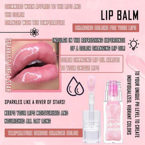 XMXueMei Magic Color Changing Lip Oil,Moisturizing Non-sticky Lip Glow Oil,Color Changing Lip Gloss Long Lasting Tinted Lip Balm Non-Sticky Waterproof Fresh Texture Lip Oil for Pink Lip Makeup