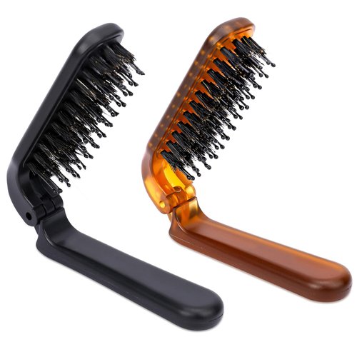 Travel Folding Boar Bristle Hair Brush, 2 Pack Mini Portable Collapsible Pocket Size Hairbrush for All Hair Types - Thick, Thin, Curly - Restores Shine for Women & Men