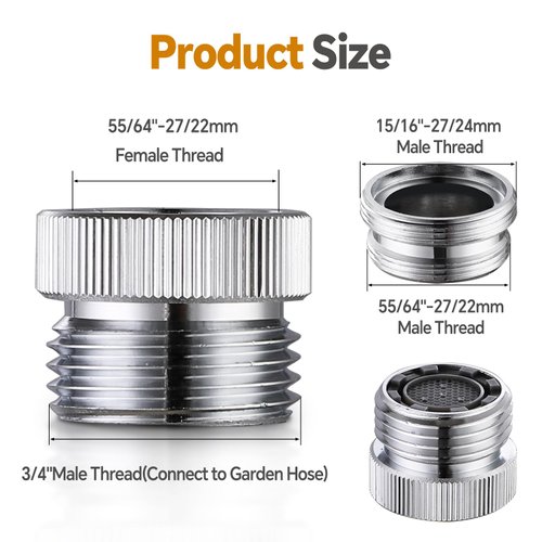 Faucet Adapter with Aerator Kitchen Sink Faucet Adapter Kit to Garden Hose for 55/64 inches Female to 3/4 inches Male Faucet Adapater, Chrome