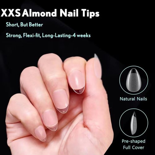 600Pcs Extra Extra Short Almond Gel x Nail Tips, Clear Fake Nails, XXS Almond Soft Full Cover Nail Tips for Nail Extensions, 12 Sizes Total of 600 PCS