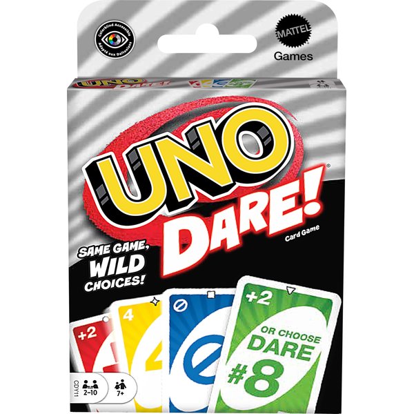 Mattel Games UNO Dare Card Game for Family Night Featuring Challenging and Silly Dares from 3 Different Categories