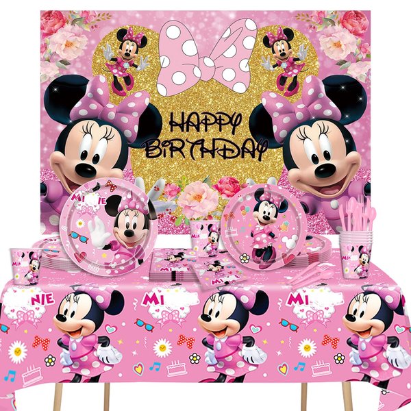 Pink Mouse Tableware Party Set,Pink Mouse Theme Birthday Party Supplies with 6x4ft Pink Mouse Backdrop,Dinner Plates,Dessert Plates,Paper Cups,Forks,Knifes,Spoons,Napkins and Tablecloth