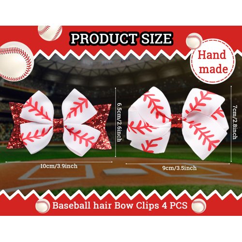 Whaline 4Pcs Baseball Glitter Hair Bow Clips Red and White Baseball Prints Cheer Hair Barrettes Grosgrain Ribbon Sports Theme Alligator Clips for Girls Teens Toddlers
