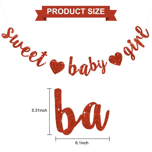 BEISHIDA Red Sweet Girl Baby Glitter Banner,NO DIY, Pre-Strung Baby Shower Gender Party Banner for Girl, Girl Baby Shower Decoration,Girl Baby Shower Sign,First Birthday Party Supplies