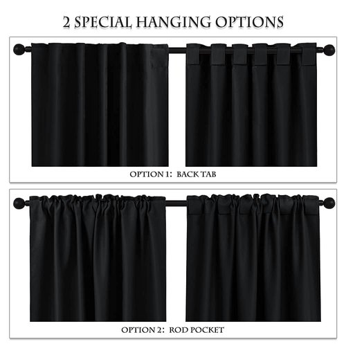 PONY DANCE Short Blackout Curtains - Thermal Insulated Window Curtain Panels - Room Darkening Back Tab/Rod Pocket Draperies for Bedroom/Kitchen, 42 Wide by 45 Inches Long, Black, 2 Panels