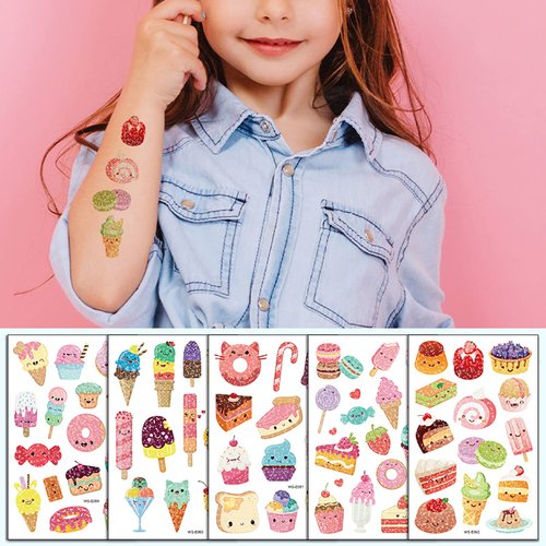 TopFunny Glitter Temporary Tattoos for Kids, 141Pcs Girls Lovely Ice Cream Fake Tattoo Birthday Party Supplies Cookie Tattoo (10 Sheets) Cute Waterproof Stickers Decoration Gifts Favors Sparkly Cake