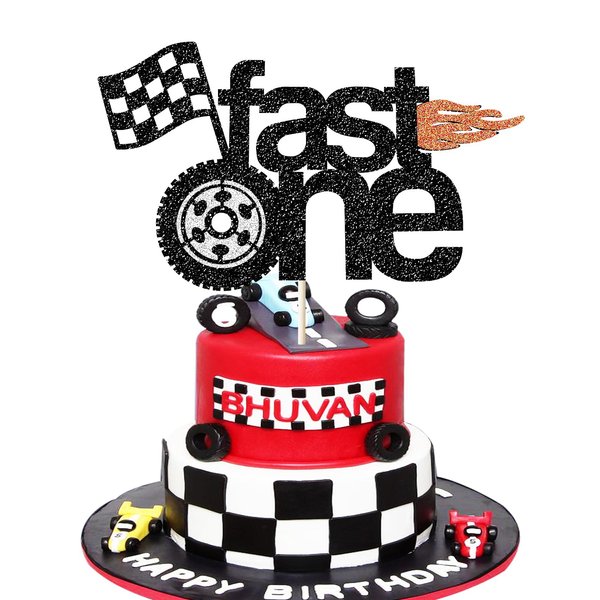 Fast One Cake Topper Racing 1st Birthday Cake Topper Glitter 1st Birthday cake topper for Boys Girls Racing Themed Car Birthday Decoration Party Supplies