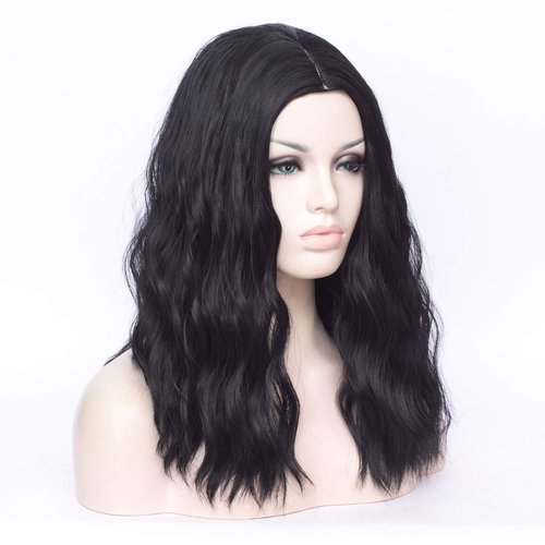 BUFASHION 20" Long Wavy Curly Dark Blue Synthetic Wig for Women Girls Cosplay Wig Halloween Costume Wig with Wig Cap(Dark Blue)
