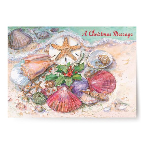 Designer Greetings Boxed Red Farm Studios Christmas Cards, Various Seashells with a Starfish and Holly (Box of 18 Nautical/Coastal Holiday Cards with White Envelopes),Sand & Seashells,125-00836-000